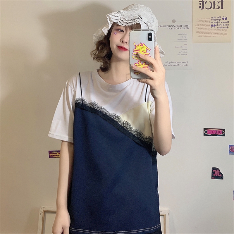 SUXI French Top Splicing Fashion Round Neck Cotton Short Sleeve Women's T-Shirt