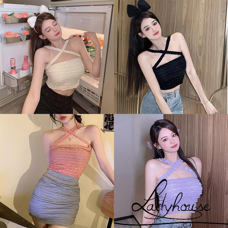 Áo Croptop Không Tay Hở Lưng Màu Trơn Họa Tiết Kẻ Sọc Cho Nữ