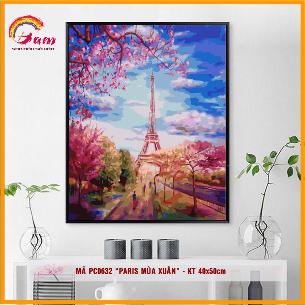 Tranh tự tô màu sơn dầu số hóa phong cảnh - Mã PC0632 Paris mùa xuân Tháp Eiffel nước Pháp
