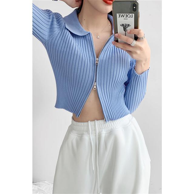 Áo Khoác Cardigan Cổ Bẻ Phối Khóa Kéo Phong Cách Retro