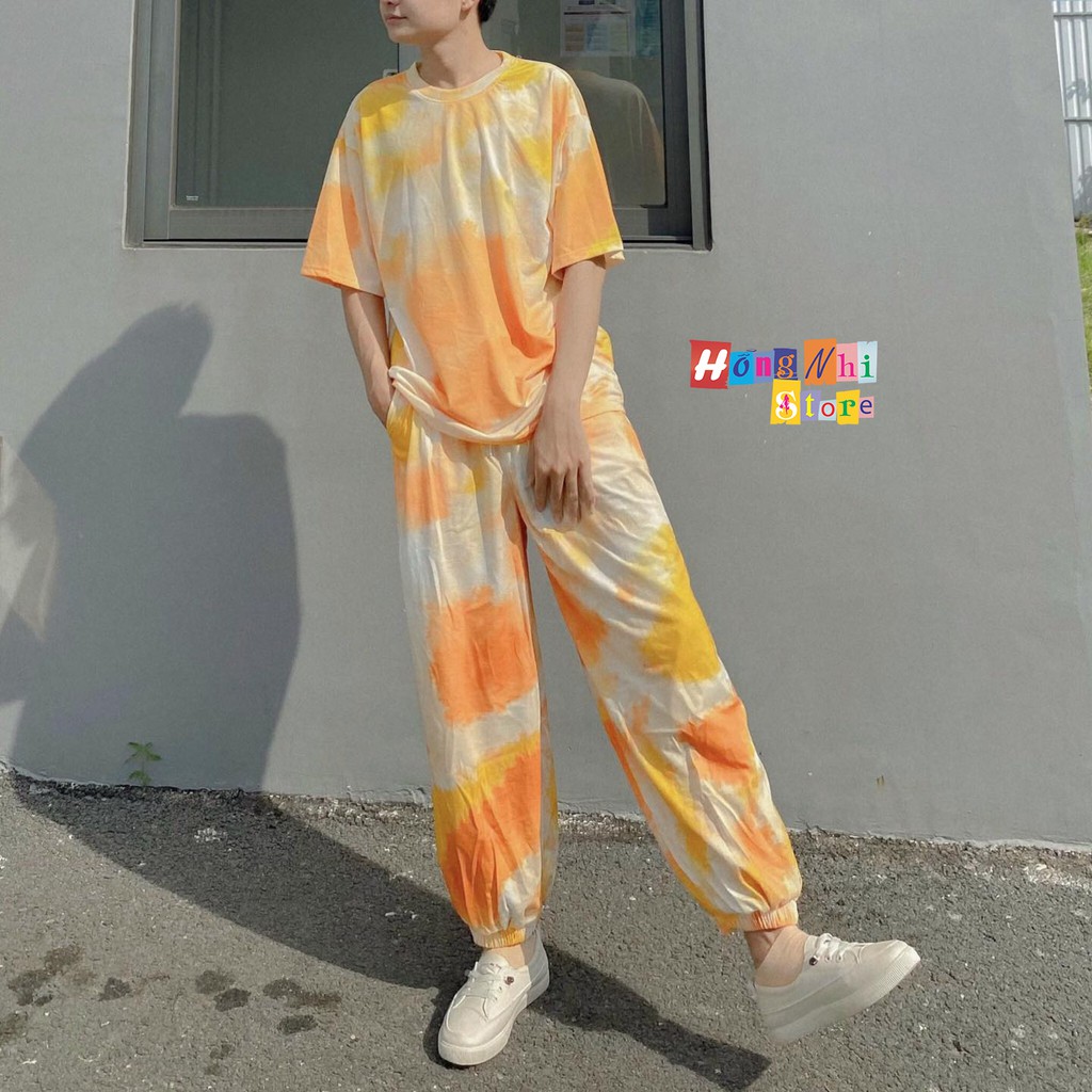 Set Bộ Đồ Đôi 4 Món Áo Croptop Thắt eo, Thun Tay Lỡ, Quần Jogger Loang Màu 3D Dáng Rộng Ulzzang Unisex- MM