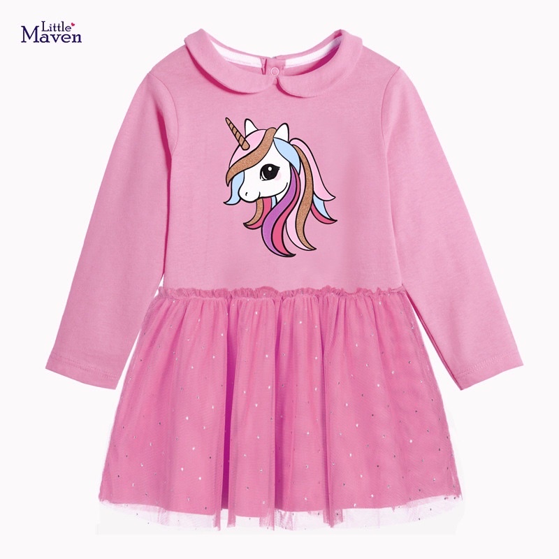 Váy cotton dài tay chân voan Pony hồng cổ sen Little Maven 2-7Y