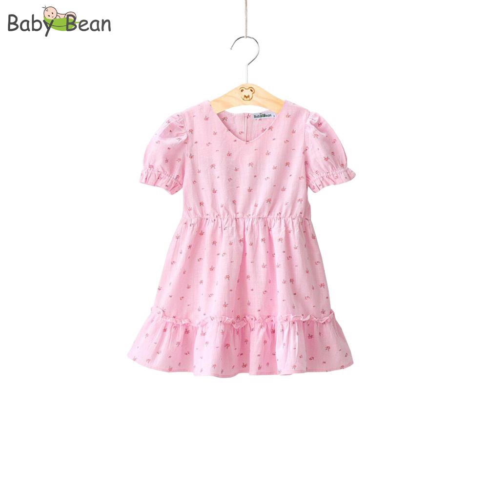 Đầm Linen Tiểu Thư Tay Phồng Nhún Eo Lai Bèo thêu Hoa Hồng Bé Gái BabyBean