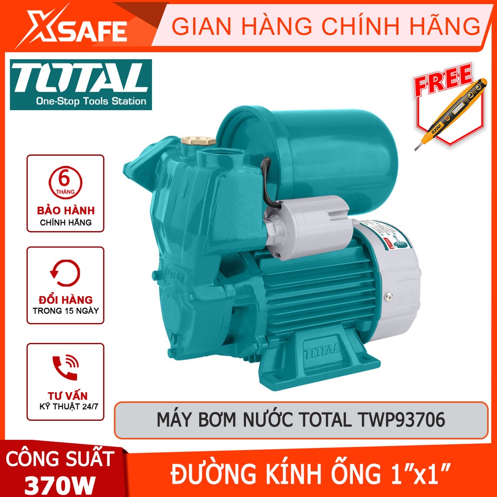 Máy bơm nước 370W Total TWP93706 Máy bơm động tự mồi, mô tơ dây đồng, cánh quạt nước bằng đồng, độ hút tối đa 8m - XSAFE