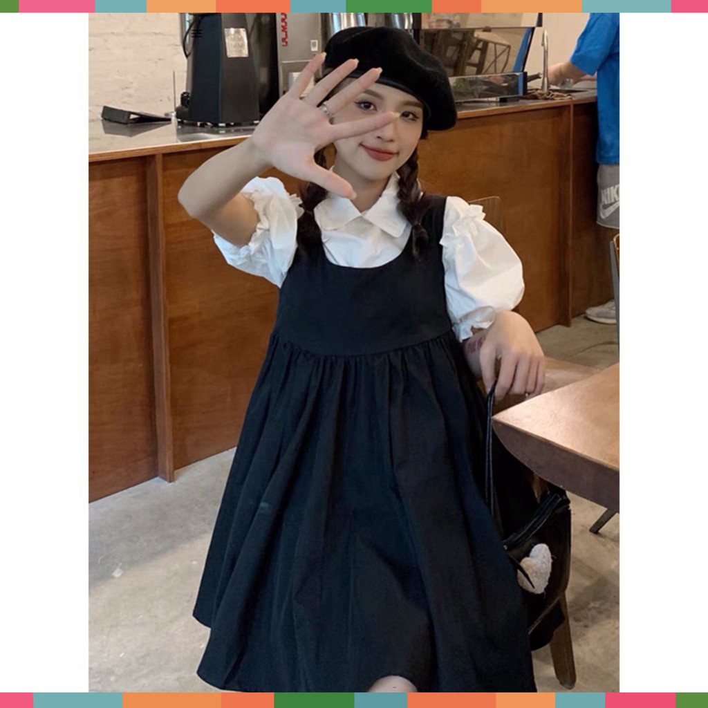 Đầm Yếm Nữ Đen Kèm Áo Ngắn Tay Bồng Siêu Xinh | BigBuy360 - bigbuy360.vn