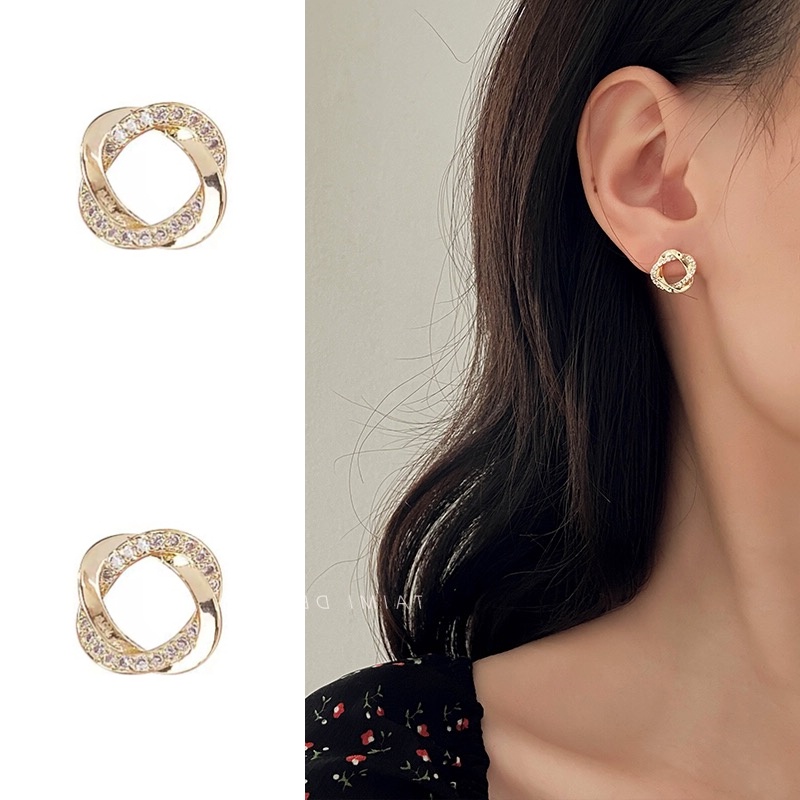 Bông tai mạ bạc 925 hình tròn đính đá phong cách Hàn Quốc F150