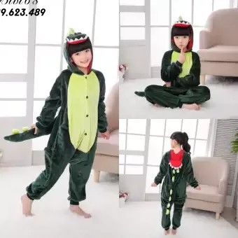 Bộ Đồ thú Khủng Long xanh liền thân lông mịn Pijama dành Cho Người Lớn và Trẻ Em kiểu dáng Động Vật Hoạt Hình Cosplay