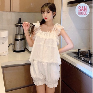 Bộ ngủ đũi xốp phối ren 2 dây, đồ mặc nhà tiểu thư, đồ ngủ 2 dây ngọt ngào, hàng Quảng Châu cao cấp, đồ ngủ cute