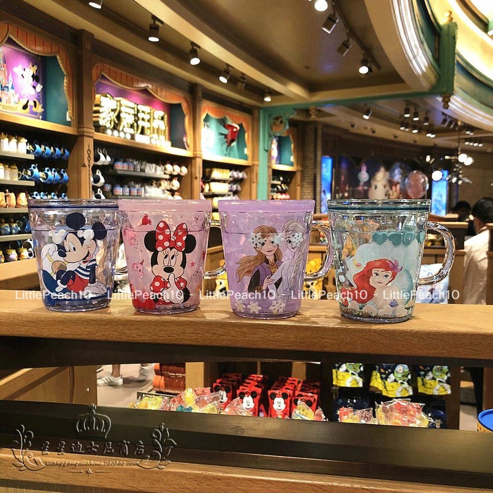 Ly nước Disney 2 lớp nhũ kim tuyến rơi lung linh có quai cầm hình Frozen Mickey Minnie Ariel cho bé