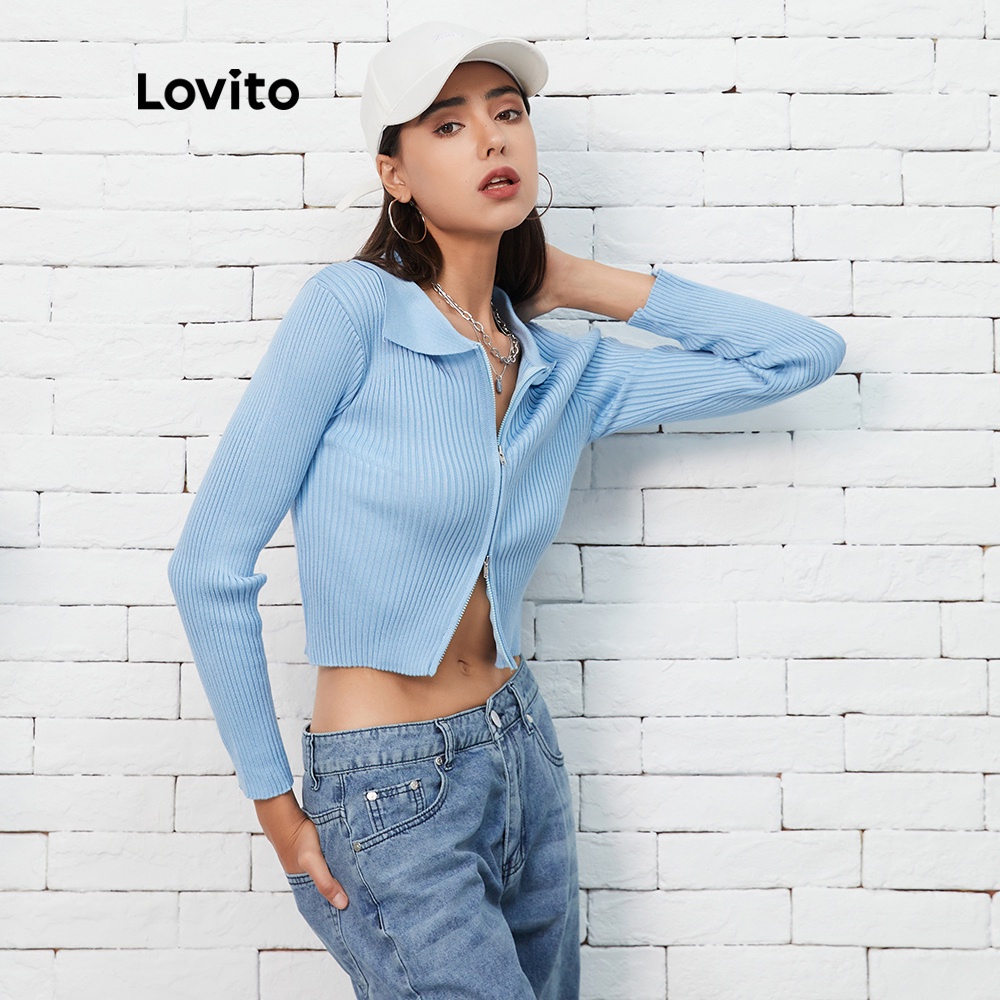 Lovito Áo cardigan dương trơn đơn giản dây khóa kéo phong cách thường ngày L07093