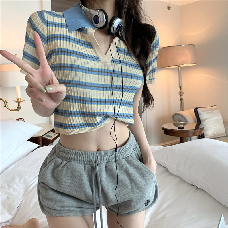 Áo croptop ZHELIHANGFEI cổ polo dệt kim tay ngắn kẻ sọc phong cách retro thời trang cho nữ