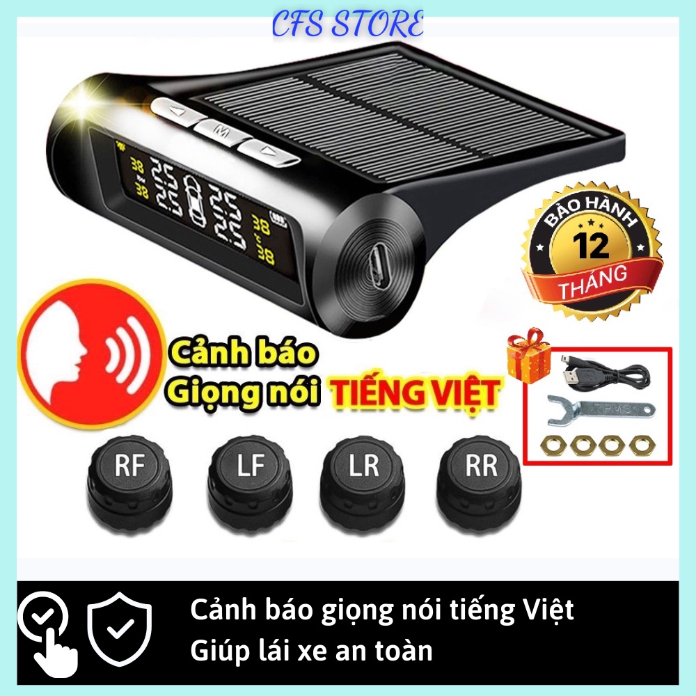 Cảm biến áp suất lốp ô tô TPMS van ngoài, cảnh báo tiếng việt, sạc năng lượng mặt trời