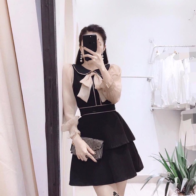 [ Mã FAMAYWA2 giảm 10K đơn 50K] Đầm ngắn cát hàn tay vol cổ bẻ phối nơ