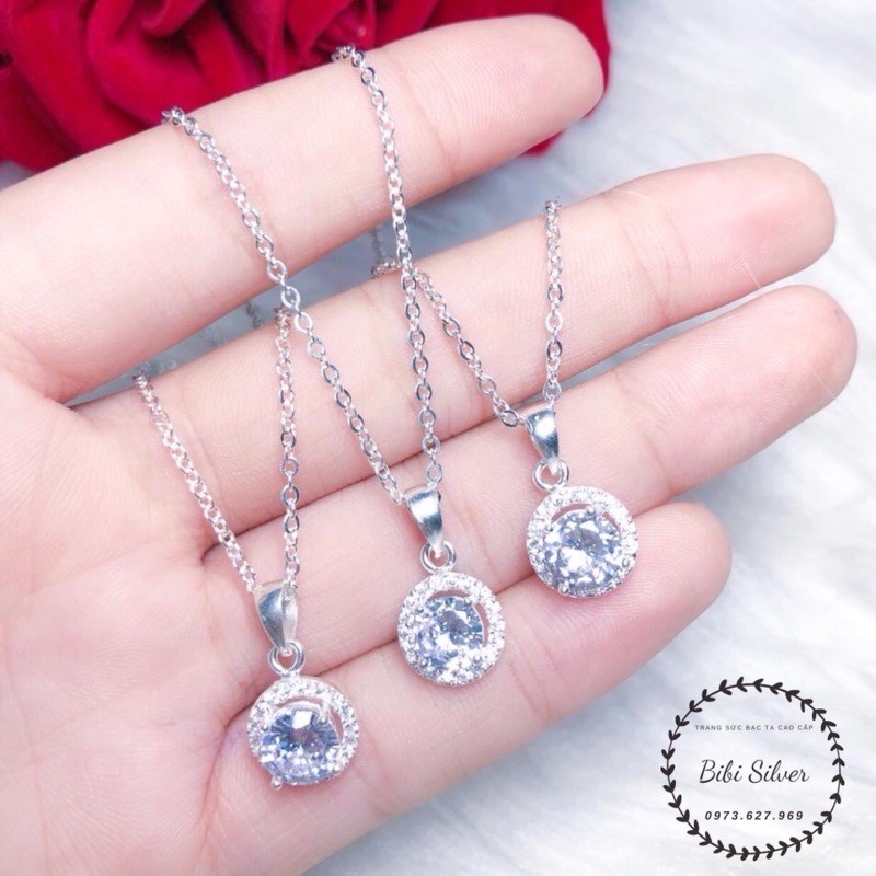 Dây chuyền bạc nữ dây xích mặt đá tròn đường kính 1cm gắn đá sáng lấp lánh - Bạc Bibi