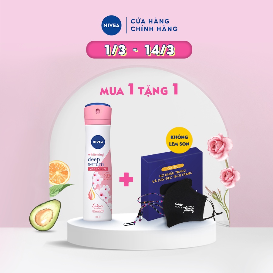 [TẶNG SET KHẨU TRANG] Bộ Xịt ngăn mùi Nivea serum trắng mịn hương hoa Sakura (150ml) TẶNG kèm set khẩu trang và dây đeo