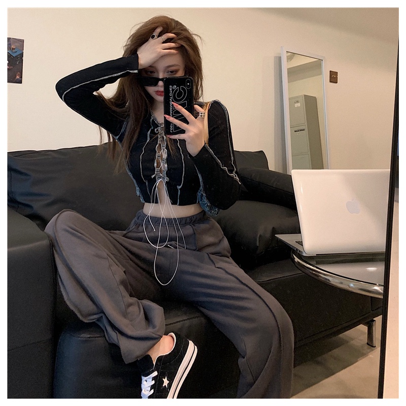 SUXI Áo Thun Tay Dài Cổ Chữ V Dáng Ôm Quyến Rũ Trẻ Trung Phong Cách Vintage