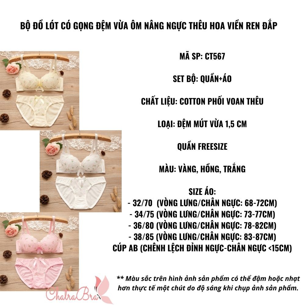 Bộ đồ lót ko gọng đệm vừa ôm ngực thêu hoa viền ren đắp