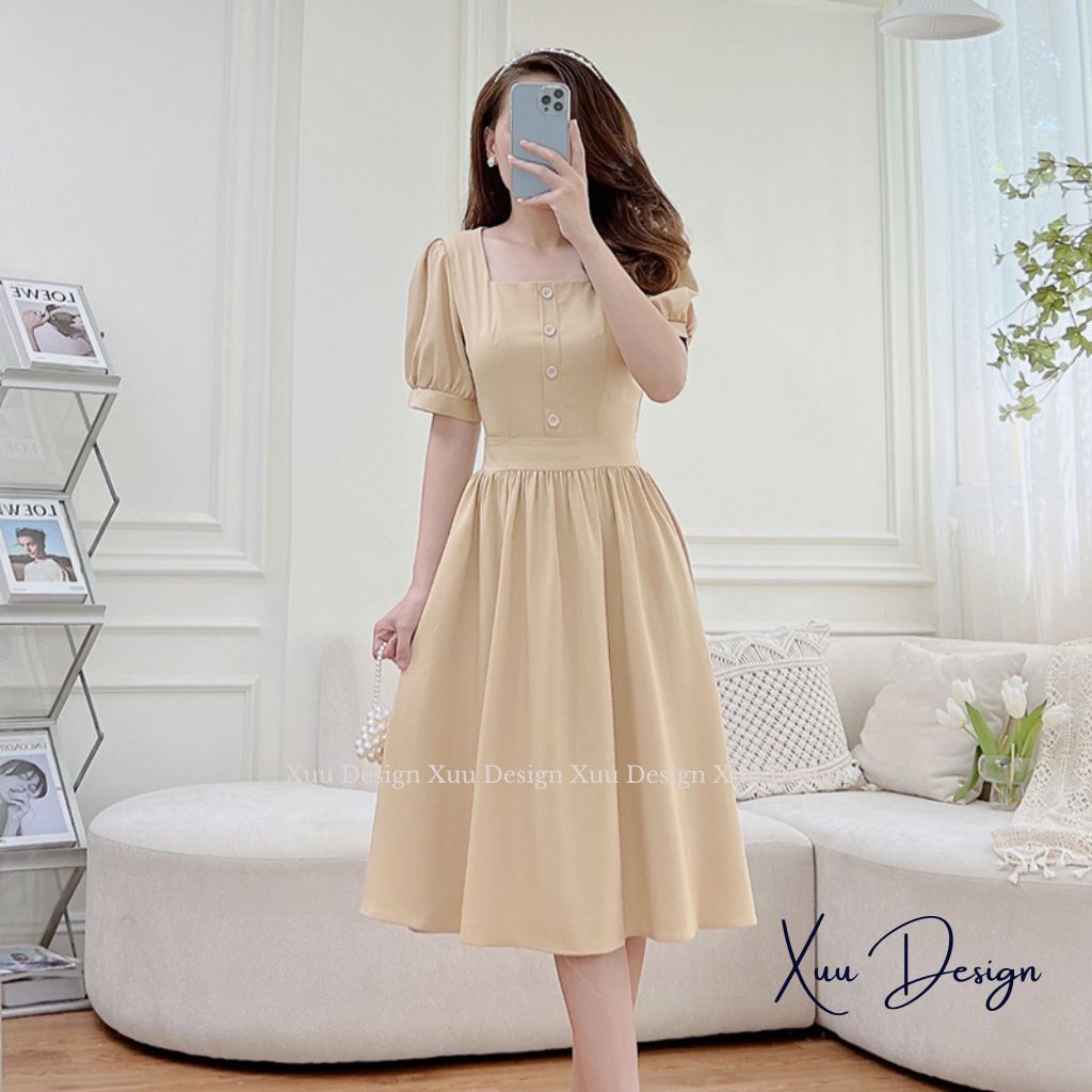 Váy nữ thiết kế XUU kiểu cổ vuông dáng xòe kiểu dáng nhẹ nhàng thanh lịch - V09