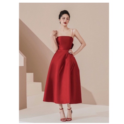 Đầm dự tiệc sang trọng hai dây dáng xoè hở lưng đắp nơ bèo quyến Taffeta cao cấp (CÓ ĐỆM NGỰC)