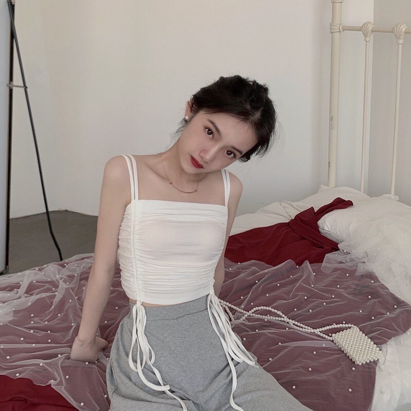 ÁO HAI DÂY NỮ RÚT DÂY 2 BÊN ULZZANG - CROPTOP 2 DÂY RÚT MÀU ĐEN TRẮNG