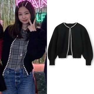 Áo Khoác Cardigan Dệt Kim Tay Dài Đính Ngọc Trai Phong Cách Blackpink