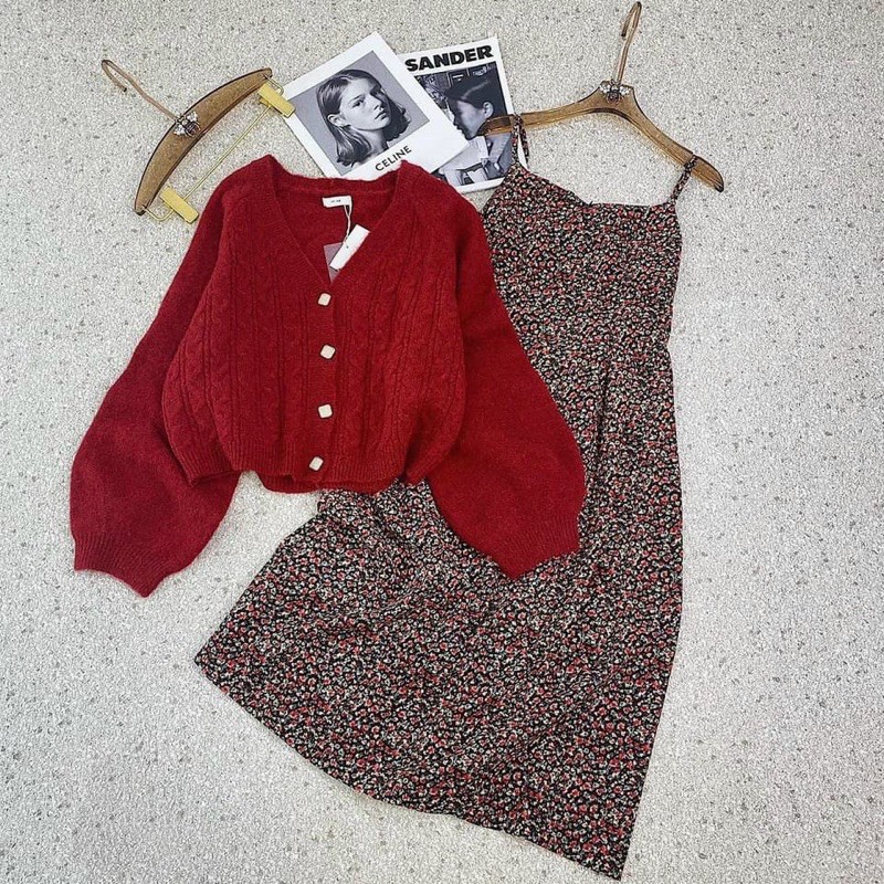Sét váy 2 dây hoa + áo len ngoài hàng loại 1
