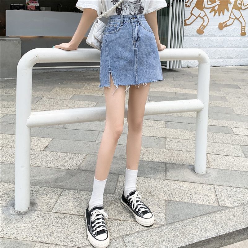 COZOK Chân váy jean Lưng Cao Xẻ Tà Đơn Giản Hợp Thời Trang Dễ Phối Đồ