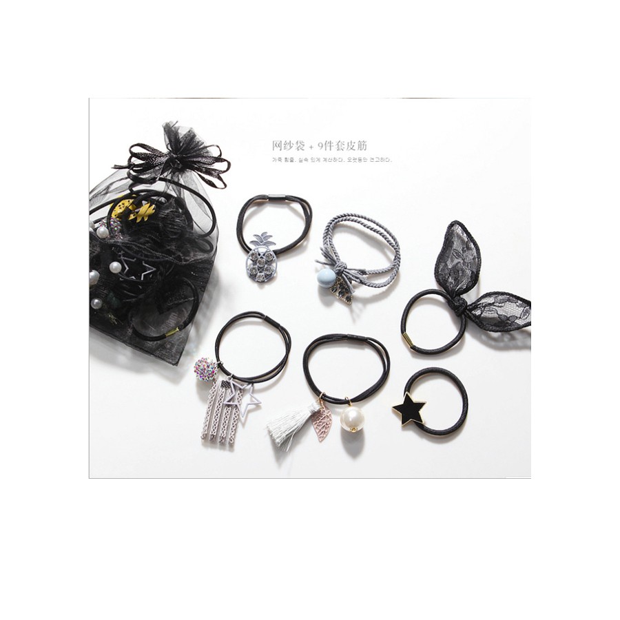 Set dây buộc tóc cao cấp xuất Nhật HD18 kiểu nơ đính trăng sao đựng trong túi lưới