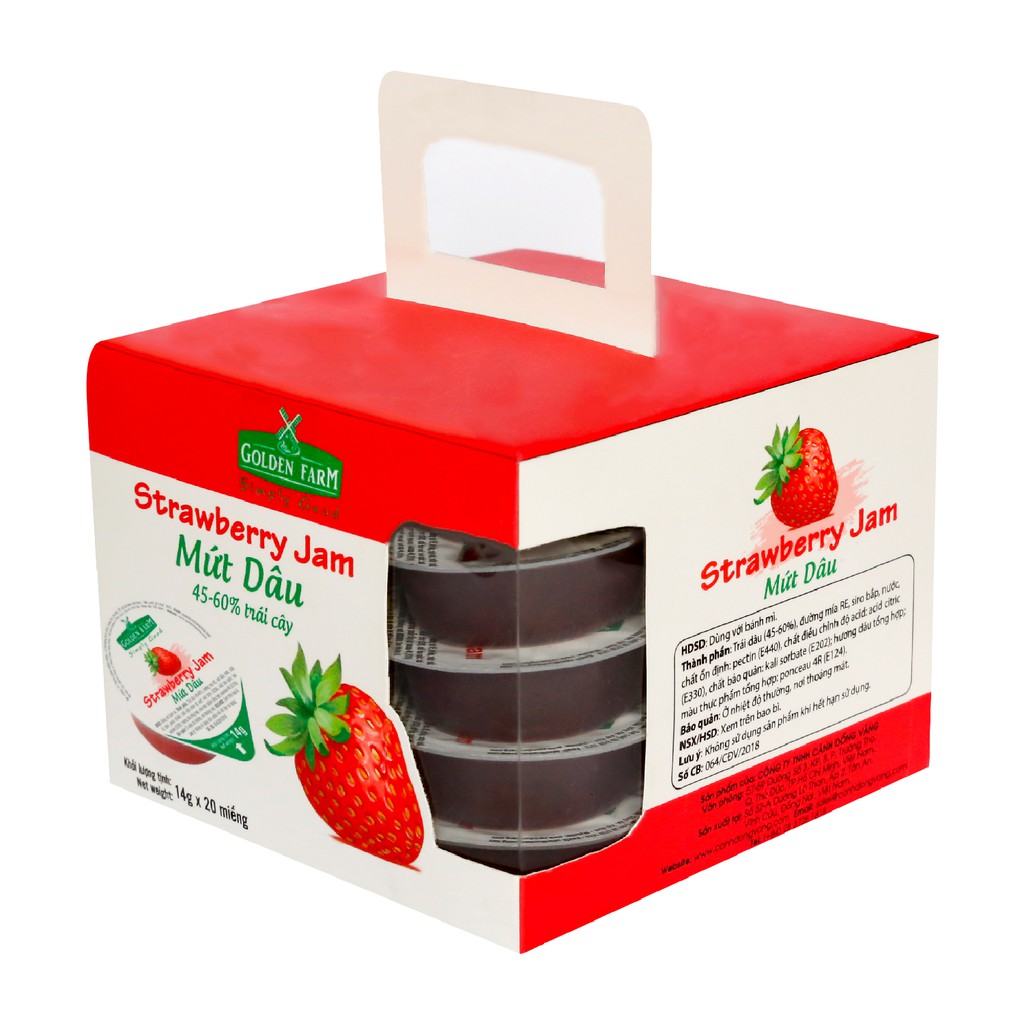 Mứt Dâu Strawberry Jam Golden Farm Miếng 14g x Hộp 20 Miếng ăn kèm kem, sinh tố, bánh mì, trà nóng0
