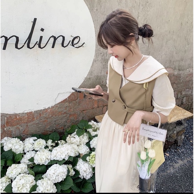 SET ĐẦM KEM MIDI CỔ SEN + ÁO GILE NÂU