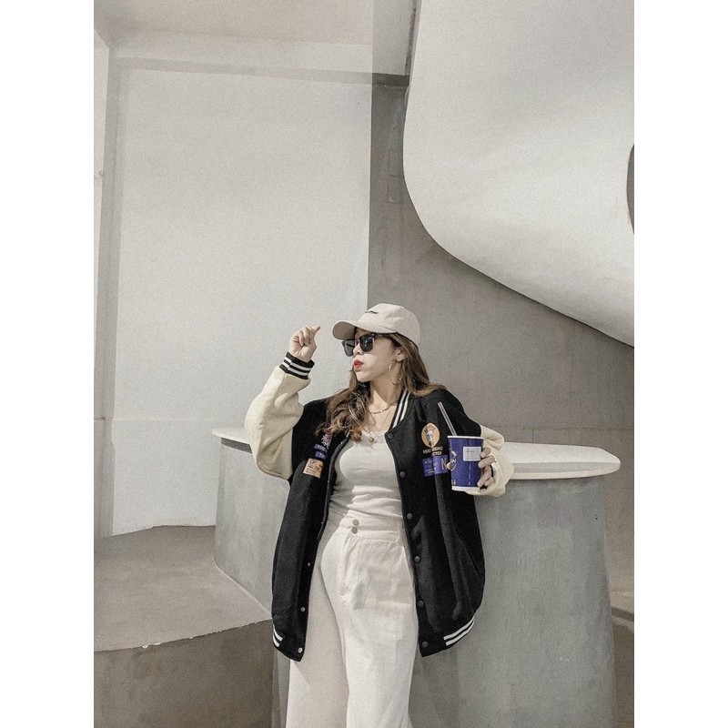 ÁO KHOÁC BÓNG CHÀY BOMBER ĐEN PHỐI TRẮNG SỌC THÊU STICKER KÈM ẢNH THẬT | BigBuy360 - bigbuy360.vn