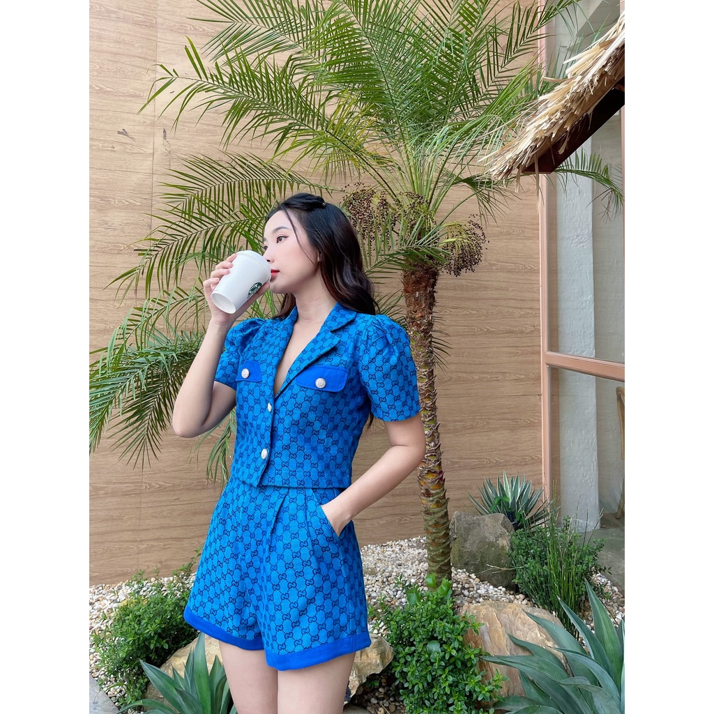 Set Áo cổ Vest Crotop + Quần Phối nút mạ kim trẻ trung sang trong DS91 CIN HOUSE