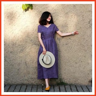 Đầm Suông Rút Eo Tím Lavender Chất Liệu Lanh/ Linen
