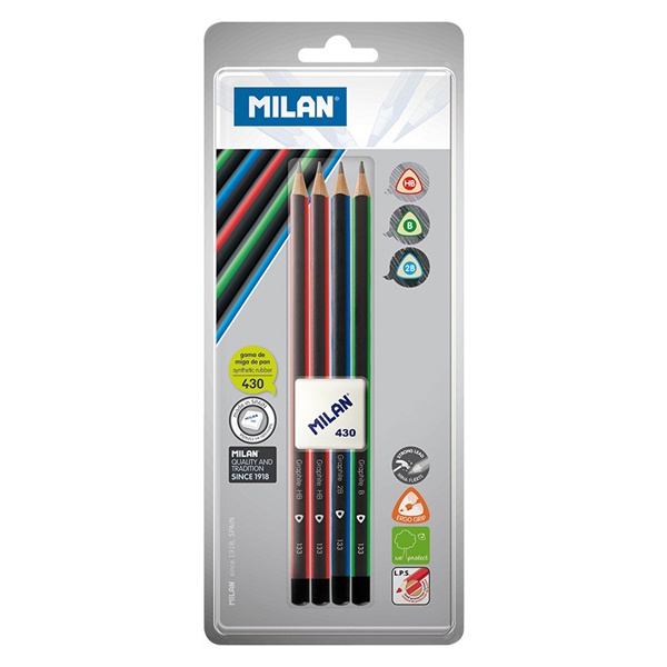 Vỉ 4 Bút Chì Gỗ + Gôm Graphite - Milan BYM10344