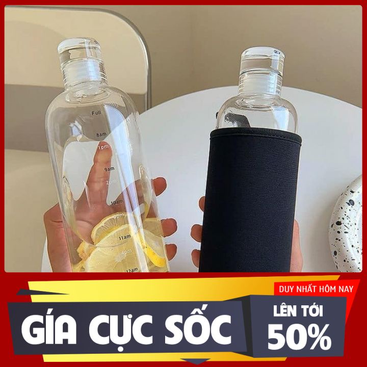 Bình nước thuỷ tinh chịu nhiệt có chia vạch nhắc nhở giờ uống nước siêu hot