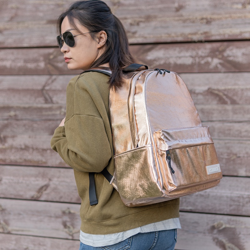 Balo đi học KSNDDEU màu vàng kim loại có lớp phủ bảo vệ cho nữ