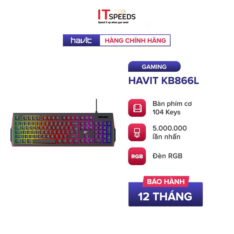 Bàn Phím Gaming Giả Cơ RGB HAVIT KB866L, 104 Keys, Thiết Kế Công Thái Học, Tổ Hợp Phím Fn - Chính Hãng BH 12 Tháng