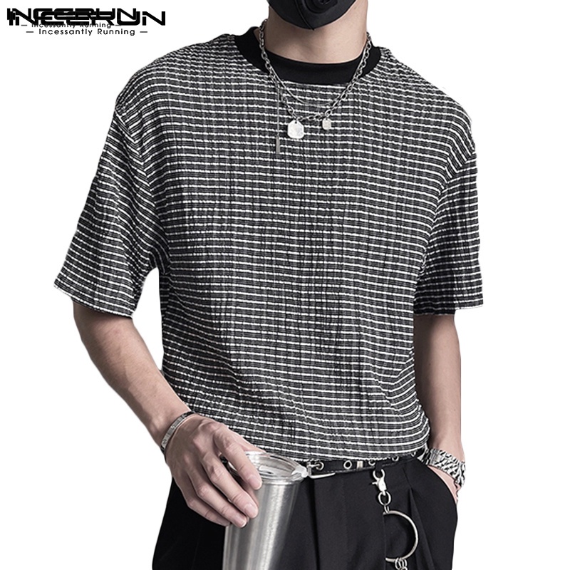 Áo thun INCERUN tay ngắn cổ tròn kẻ sọc caro dáng rộng đơn giản