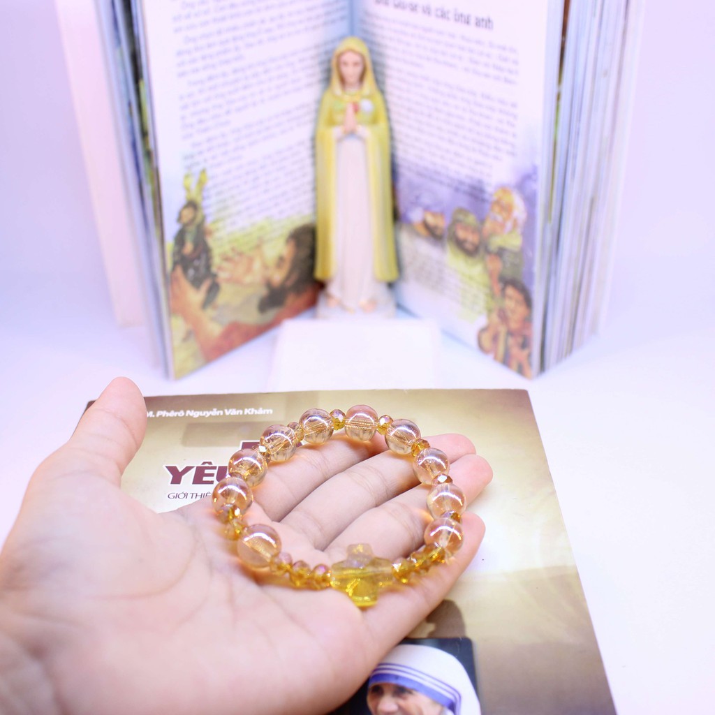 Chuỗi Tràng Hạt Mân Côi Đá Topaz vàng mật ong 10li xen kẽ đá đá topaz nhỏ Thánh Giá kiểu 10 hạt