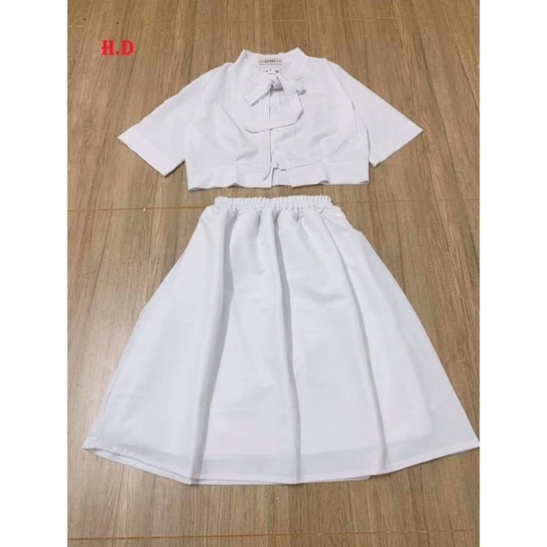 Sét váy nữ basic trắng tách rời gồm áo croptop ngắn tay cổ nơ + chân váy xòe cạp chun hai lớp ulzzang vỉntage tiểu thư