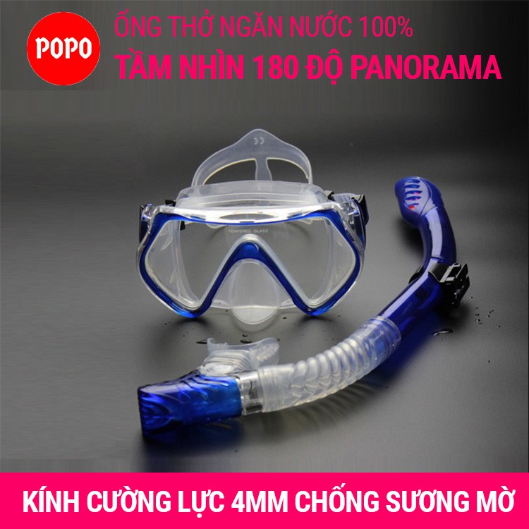 Mặt nạ lặn kèm ống thở POPO 1526 mắt kính cường lực góc nhìn PANORAMA 180 độ