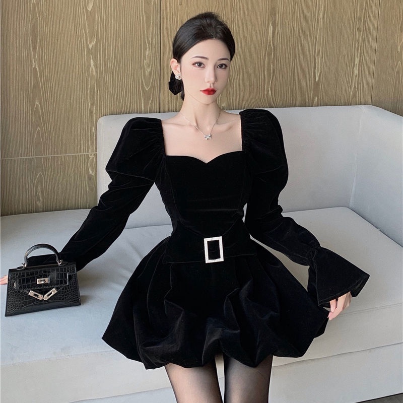 Đầm Nhung Đen Nhấn Eo Size Lớn Thời Trang Pháp Cho Nữ