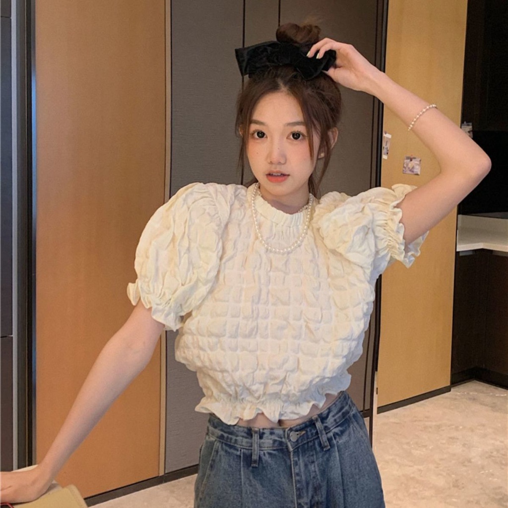 Áo croptop Tay Phồng Cổ Tròn Dáng Rộng Thời Trang Mùa Hè Phong Cách Hàn Quốc Cho Nữ