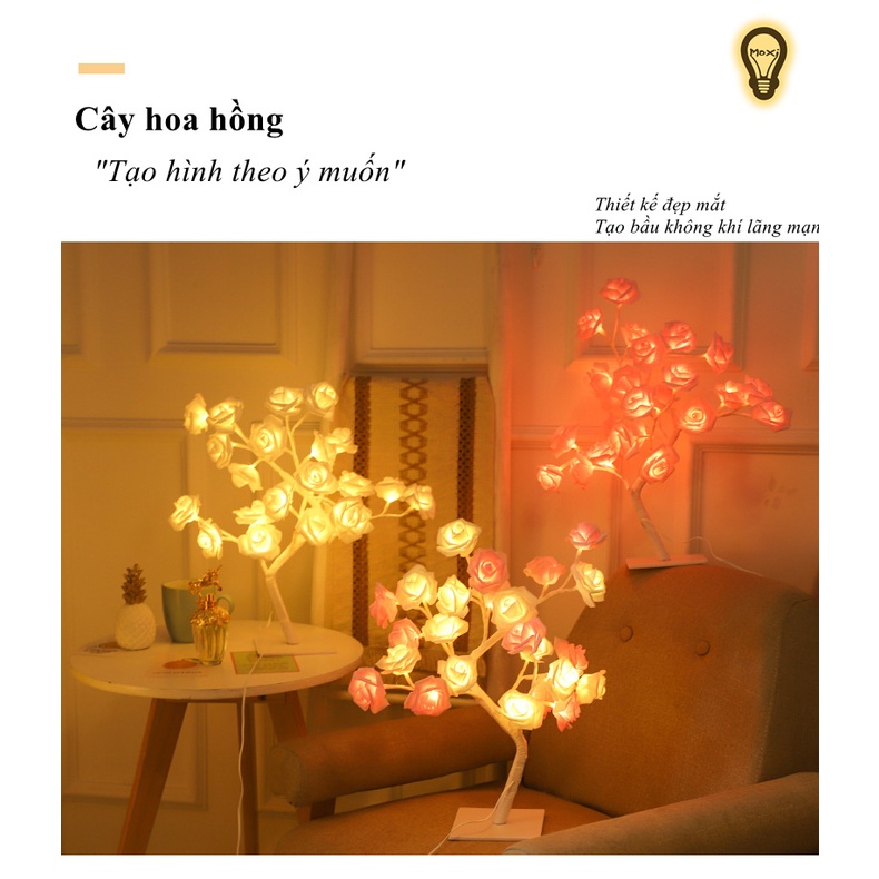 【 HÀNG SẴN hộp PIN+USB 】Đèn Led bàn hình cây hoa Hồng trang trí DECOR phòng ngủ, bàn học VINTAGE , quà tặng MOXI