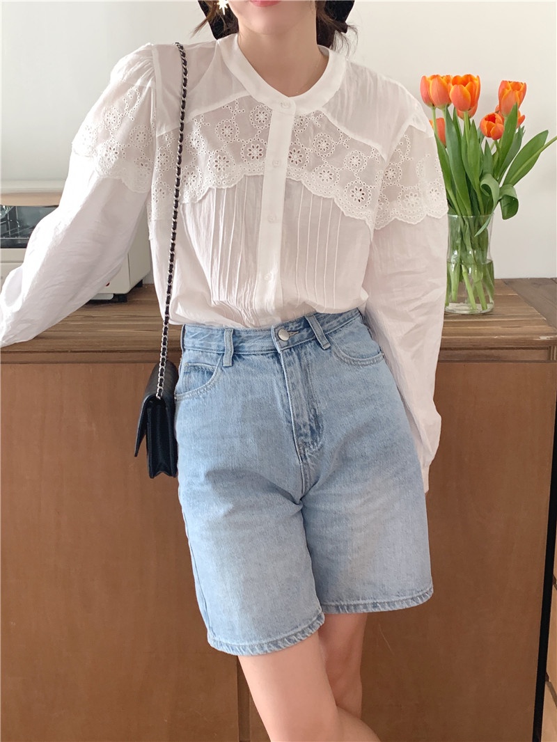 Áo Sơ Mi Dài Tay Phối Ren Phong Cách Retro Hàn Quốc 54027