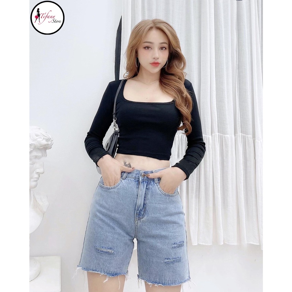 Áo Croptop Nữ Cổ Vuông Tay Dài Ôm Body Chất Thun Màu Đen Freesize  "CỔ VUÔNG TAY DÀI"