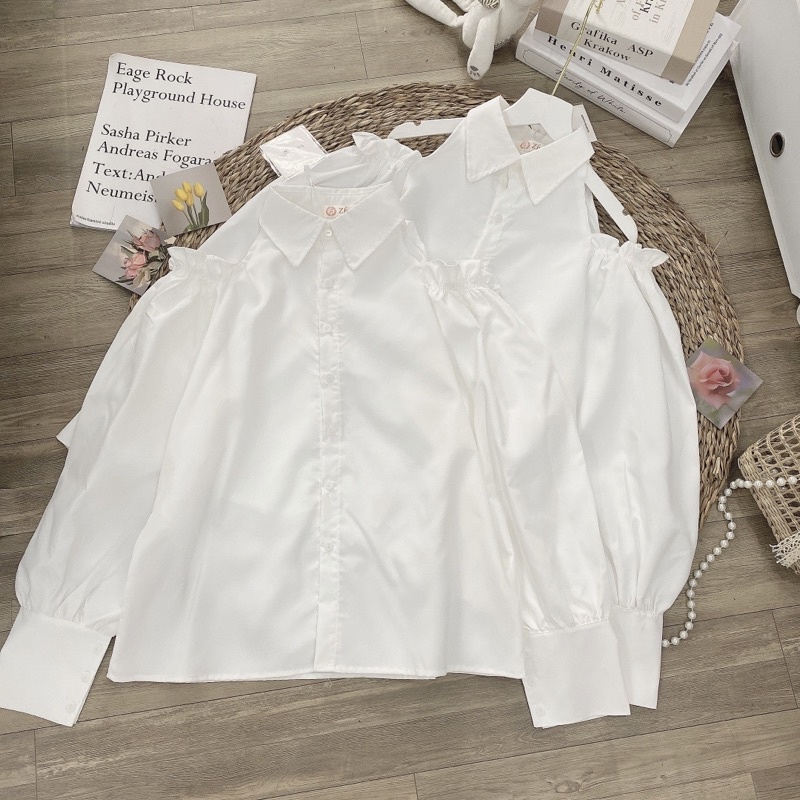 Áo sơ mi cổ đức hở vai bèo TVOGUE dài tay chất lụa thô lên dáng siêu sang chảnh , tiểu thư