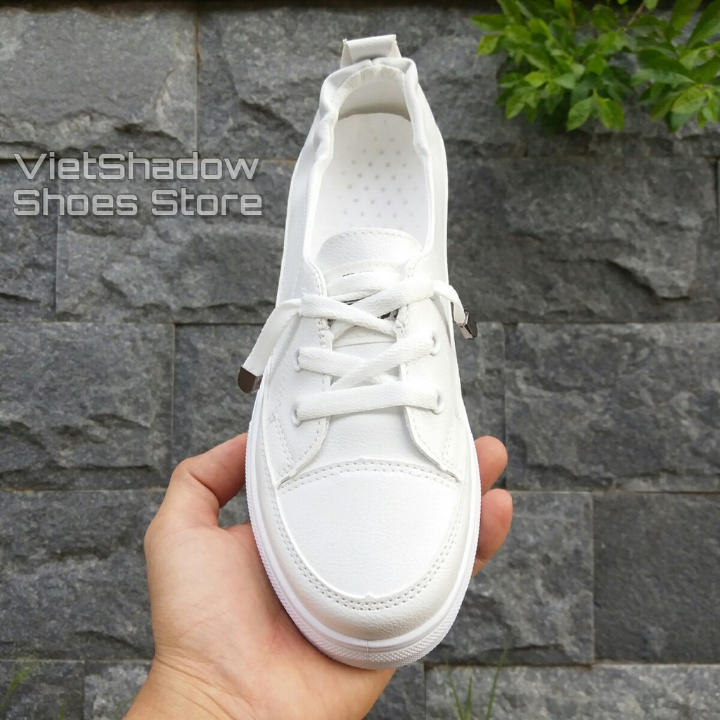 Slip on da nữ - Giày lười da nữ - Da PU màu trắng full và trắng khâu chỉ đen - Mã SP: 2216 (8620)