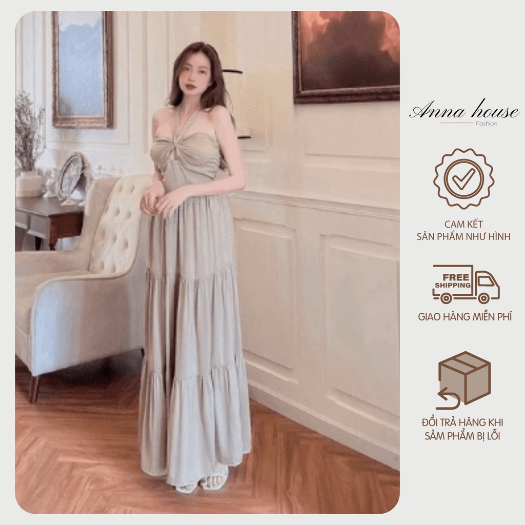Đầm maxi đi biển, váy dây chéo cổ dáng dài cúp ngực có mút chất lụa tuyết hàng thiết kế