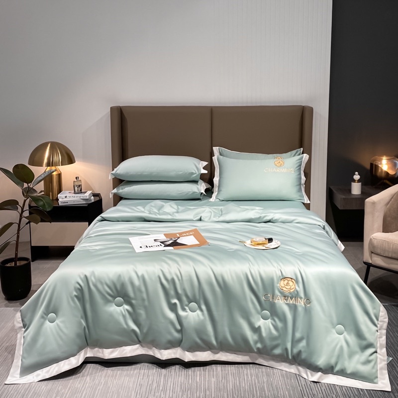 Bộ chăn ga gối phi lụa CHARMING óng mịn cao cấp , Ga giường vỏ gối chăn hè phi lụa chât liệu mềm mịn thoáng mát mới 2022